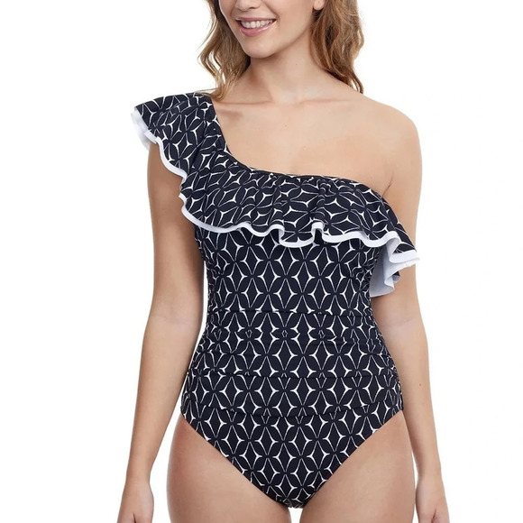 Gottex Profile NWT One Shoulder Ruffle Swimsuit 10 Black White Geometric Print - Picture 1 of 16